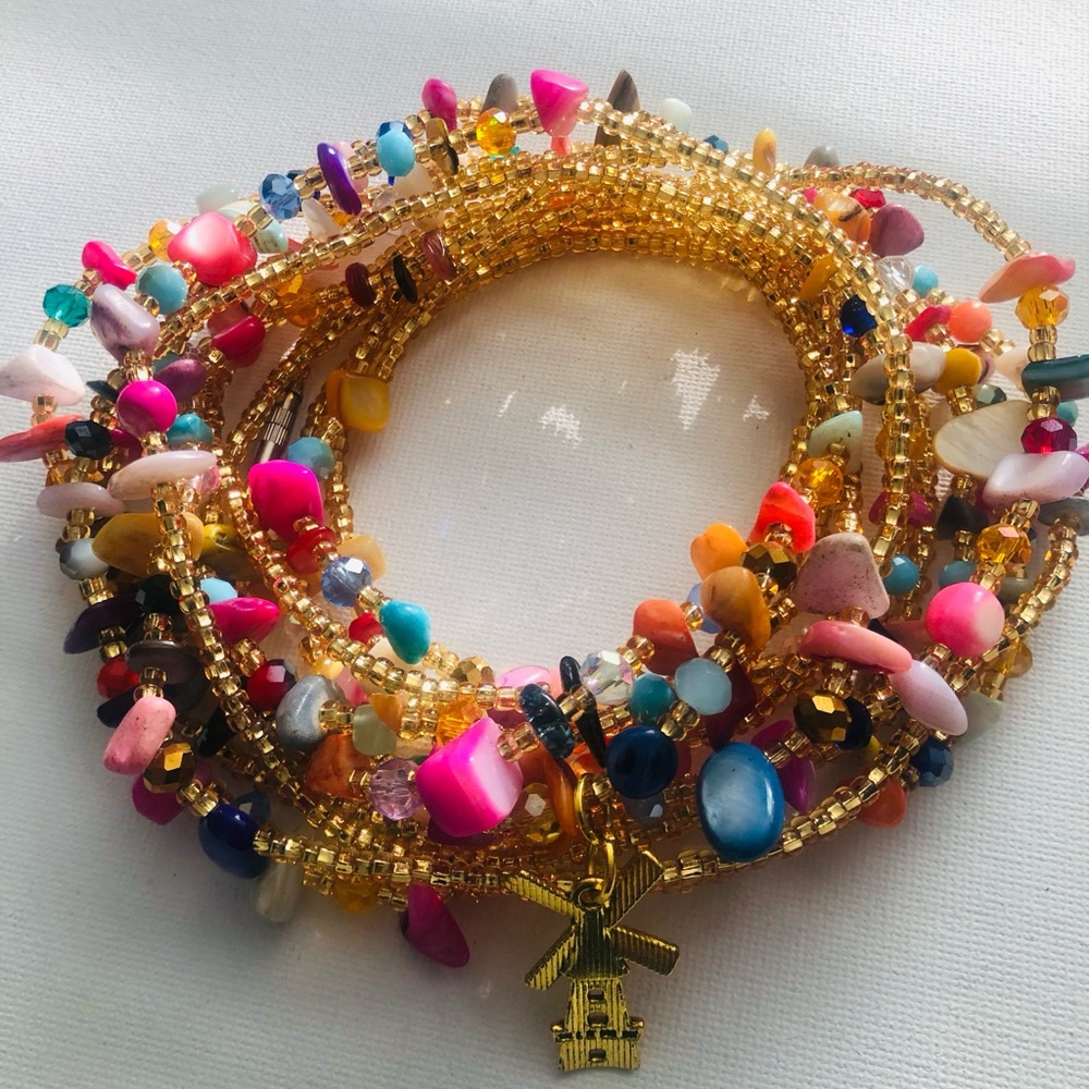 Gold and Pink African Beaded Waist Beads/Waist Chain with a Pendant